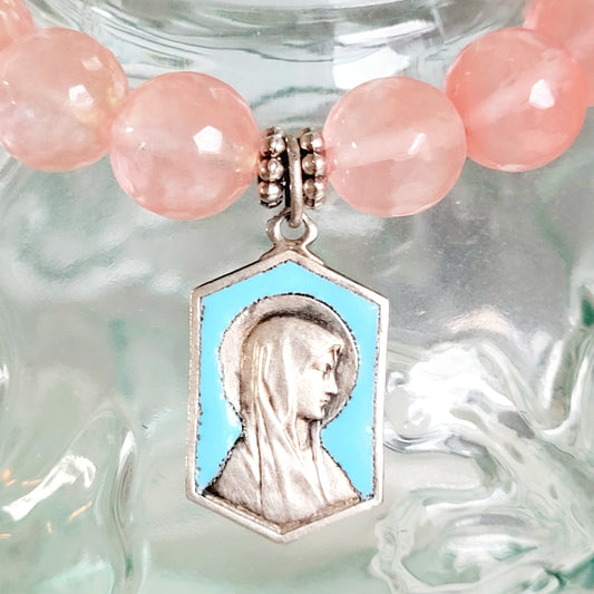 Cherry Quartz Faceted 10mm Beaded Bracelet w/ Silver Plated Blue Enameled Medal of Our Lady of Lourdes
