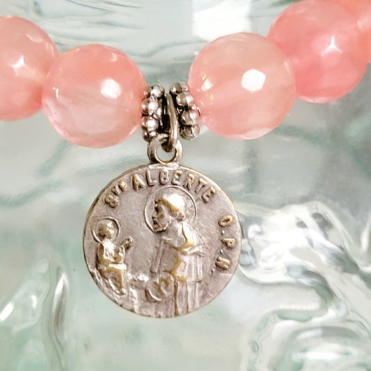 Cherry Quartz Faceted 10mm Beaded Bracelet w/ Signed Silver Plated Medal of St. Albert & Our Lady of Mount Carmel