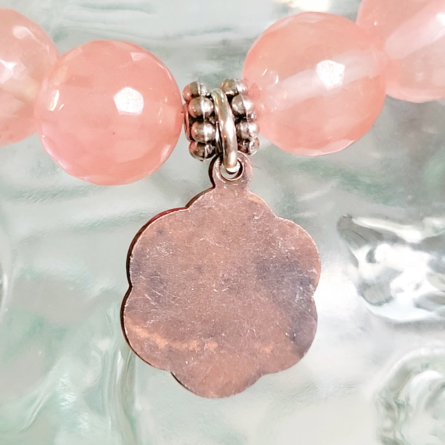 Cherry Quartz Faceted 10mm Beaded Bracelet w/ Silver Plate Blue Enameled Medal of St. Christopher