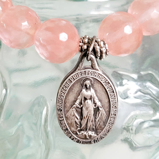Cherry Quartz Faceted 10mm Beaded Bracelet w/ Silver Plated Miraculous Medal of Mary