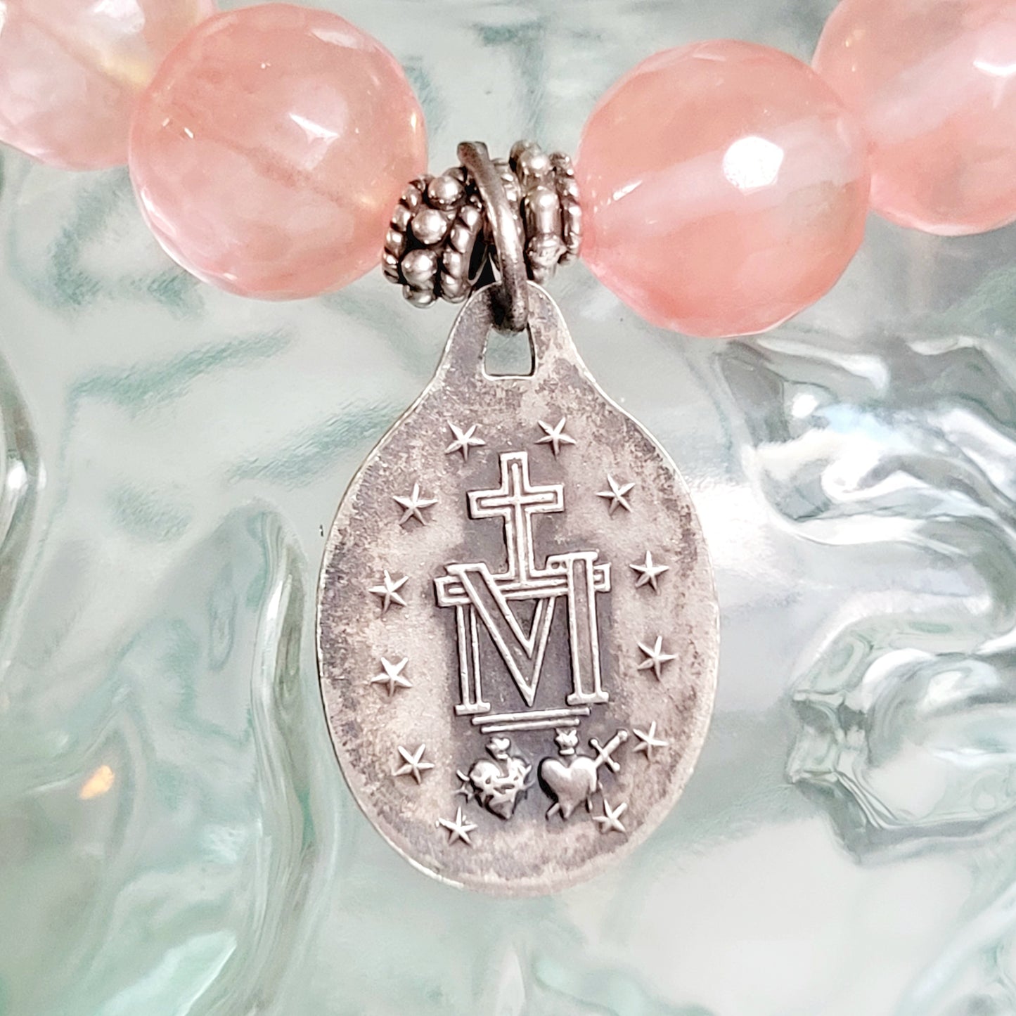 Cherry Quartz Faceted 10mm Beaded Bracelet w/ Silver Plated Miraculous Medal of Mary