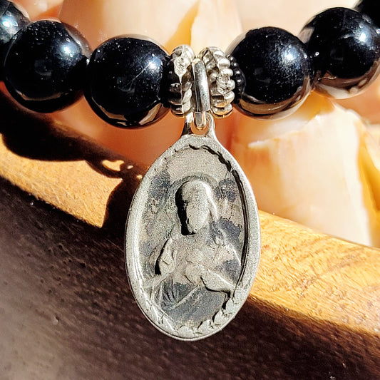 Black Tourmaline 6mm Beaded Bracelet w/ Vintage Silver Plated Medal of The Sacred Heart of Jesus