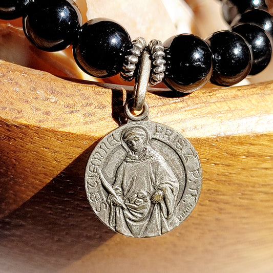 Black Tourmaline 6mm Beaded Bracelet w/ Vintage Signed Silver Plated Medal of Saint-Étienne