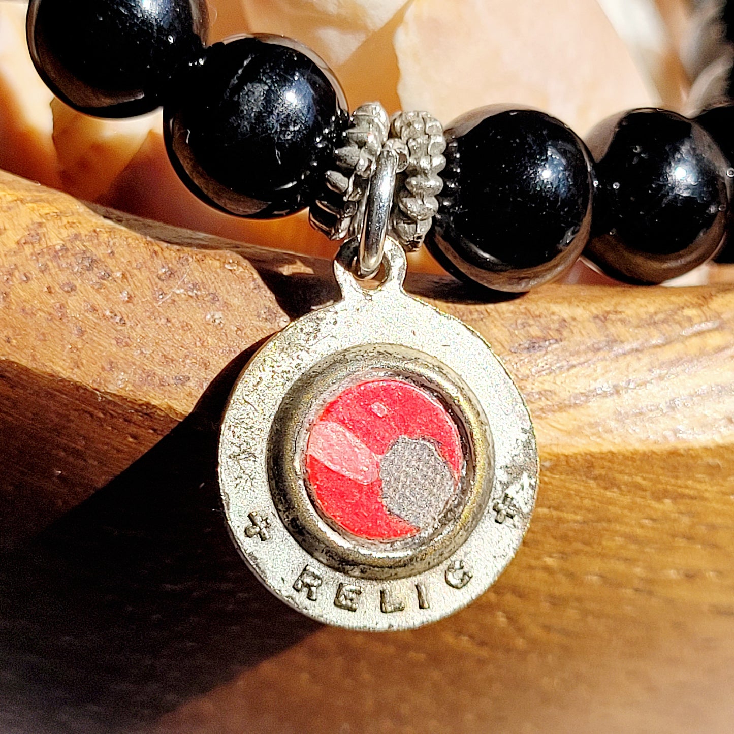 Black Tourmaline 6mm Beaded Bracelet w/ Silver Plated Medal of Blessed Leopold with a Relic