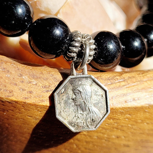 Black Tourmaline 6mm Beaded Bracelet w/ Silver Plated Medal of Our Lady Beauraing