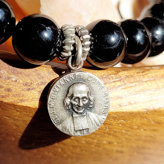 Black Tourmaline 6mm Beaded Bracelet w/ Silver Plated Medal of St. John Vianney & St. Philomena