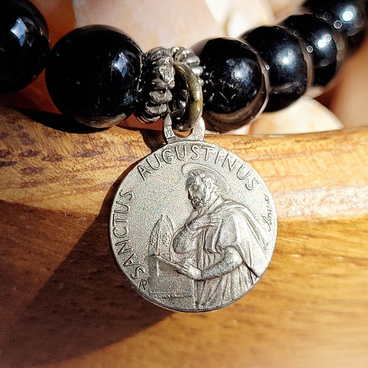Black Tourmaline 6mm Beaded Bracelet w/ Signed Silver Plated Medal of St. Augustine