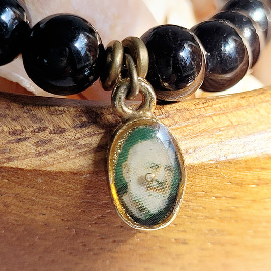 Black Tourmaline 6mm Beaded Bracelet w/ Gold Plated Medal of Padre Pio