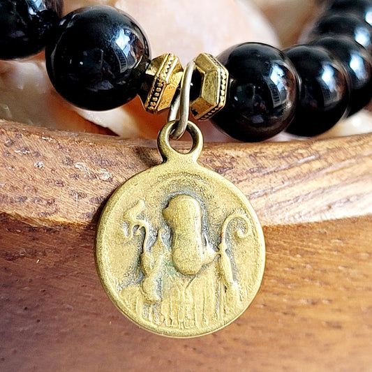 Black Tourmaline 6mm Beaded Bracelet w/ Antique St. Benedict Medal in Bronze