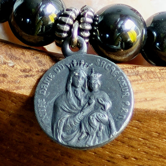 Grey Hematite 6mm Beaded Bracelet w/ Silver Plated Medal of Notre Dame de Sacre Coeur