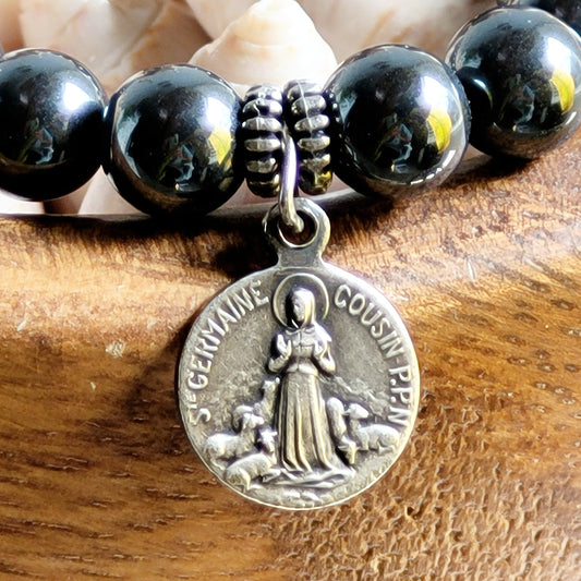Grey Hematite 6mm Beaded Bracelet w/ Silver Plated Medal of St. Germaine from France
