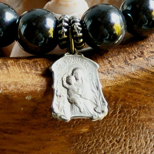 Grey Hematite 6mm Beaded Bracelet w/ Vintage Silver Plated Notre Dame de Fourviere