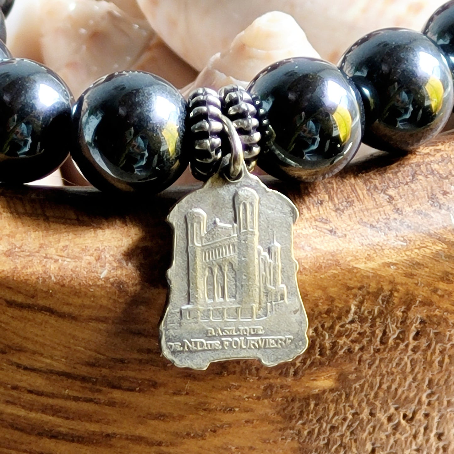 Grey Hematite 6mm Beaded Bracelet w/ Vintage Silver Plated Notre Dame de Fourviere