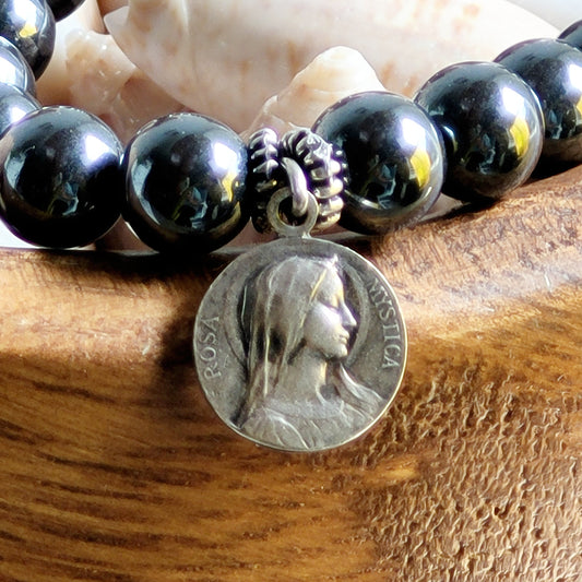 Grey Hematite 6mm Beaded Bracelet w/ Signed Silver Plated Medal of Rosa Mystica