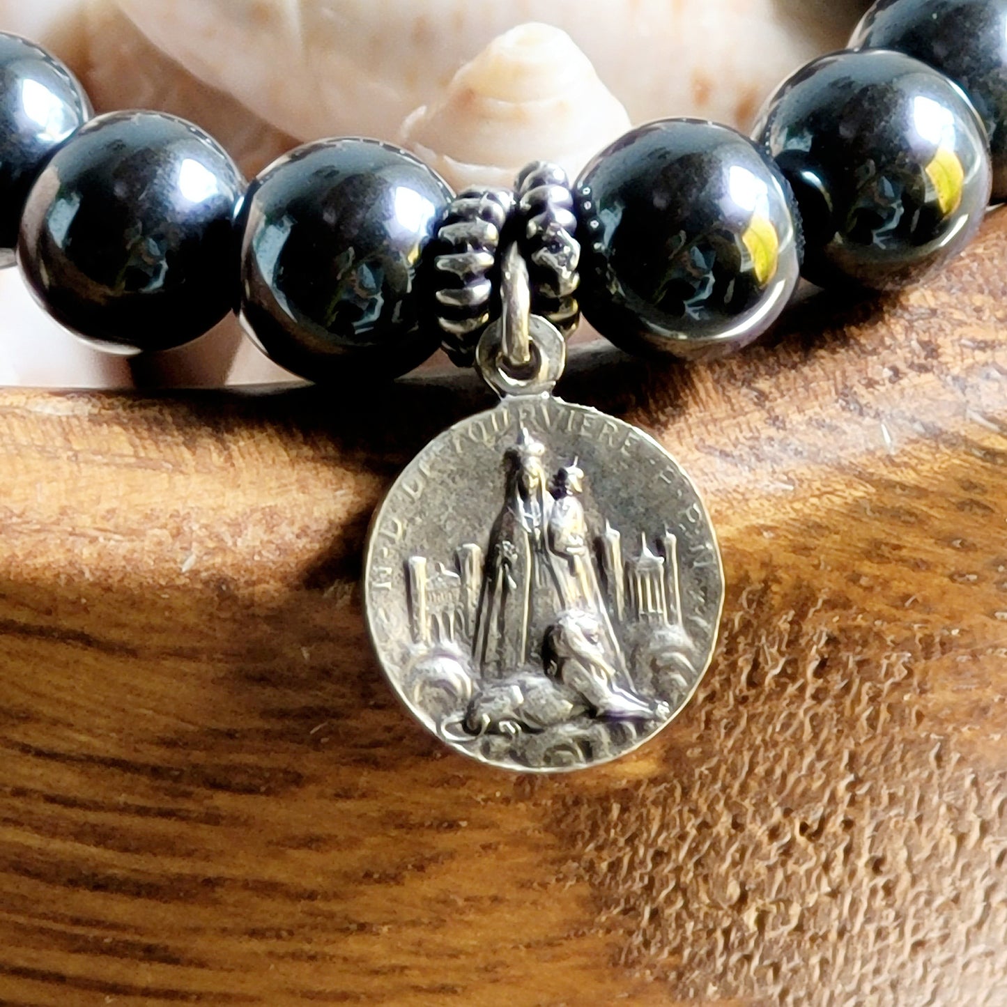 Grey Hematite 6mm Beaded Bracelet w/ Signed Silver Plated Medal of Rosa Mystica