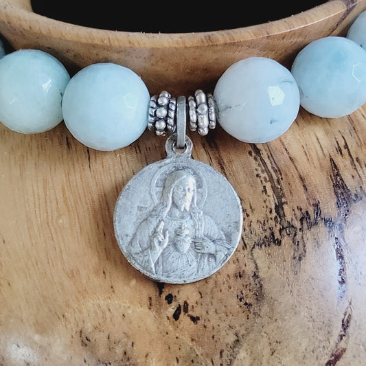 Aquamarine Natural Faceted 10mm Beaded Bracelet w/ Scapular Silver Plated Medal