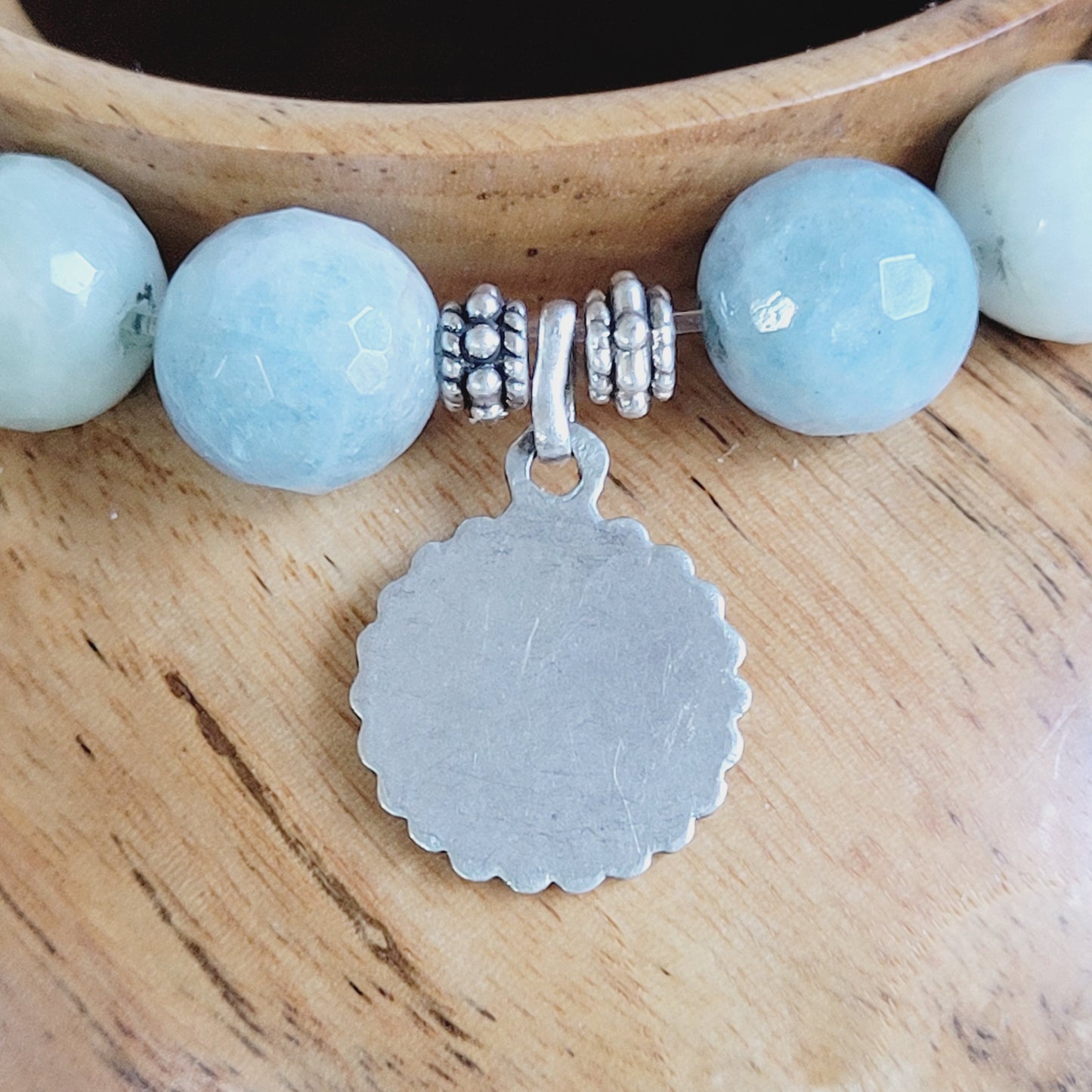 Aquamarine Natural Faceted 10mm Beaded Bracelet w/ Our Lady of Avioth Signed Sterling Silver Medal from France