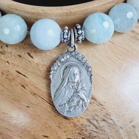 Aquamarine Natural Faceted 10mm Beaded Bracelet w/ St. Therese of the Infant Jesus Signed Sterling Silver Medal