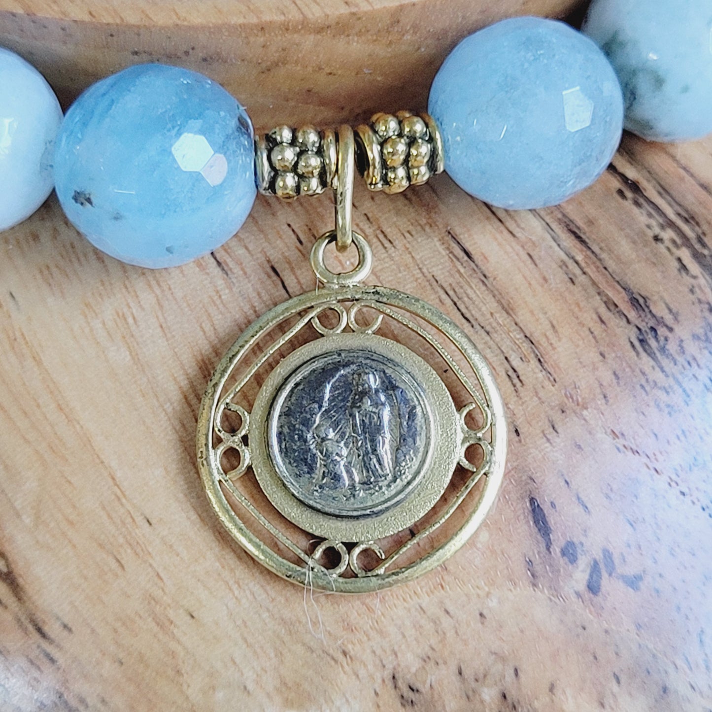 Aquamarine Natural Faceted 10mm Beaded Bracelet w/ Our Lady of Lourdes Gold Plated Medal from France