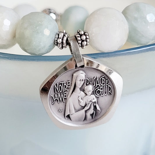 Aquamarine Natural Faceted 12mm Beaded Bracelet w/ The Sacred Heart of Jesus / Our Lady of the Sacred Heart Signed Sterling Silver Medal