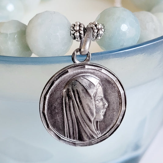 Aquamarine Natural Faceted 12mm Beaded Bracelet w/ Our Lady of Lourdes Large Round Silver Plated Medal from France