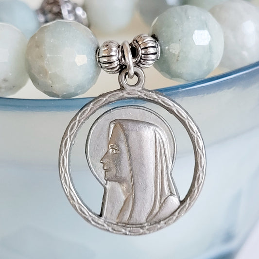 Aquamarine Natural Faceted 12mm Beaded Bracelet w/ Our Lady of Lourdes Signed Silver Plated Medal