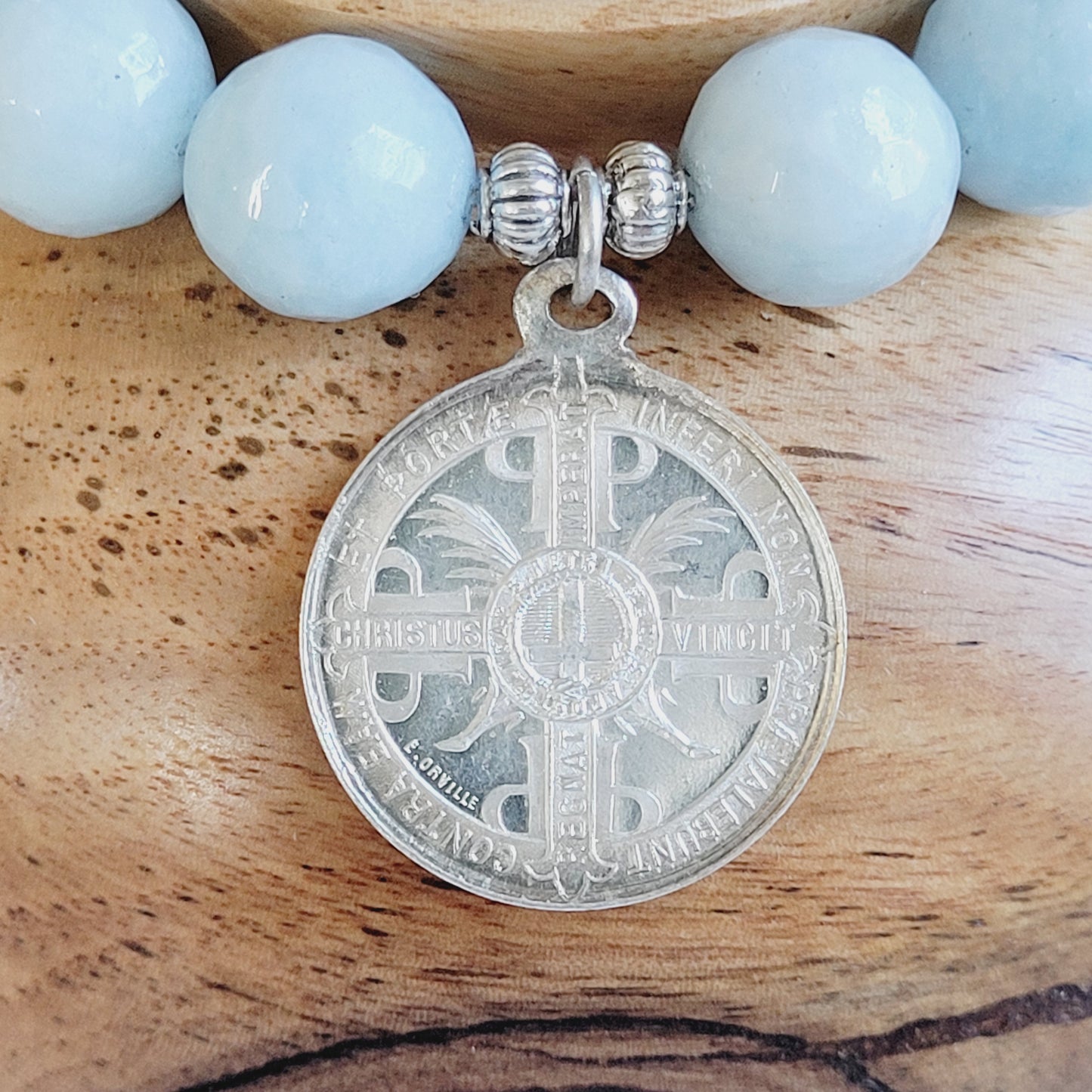 Aquamarine Faceted 12mm Beaded Bracelet w/ St. Benedict Signed Silver Medal from France