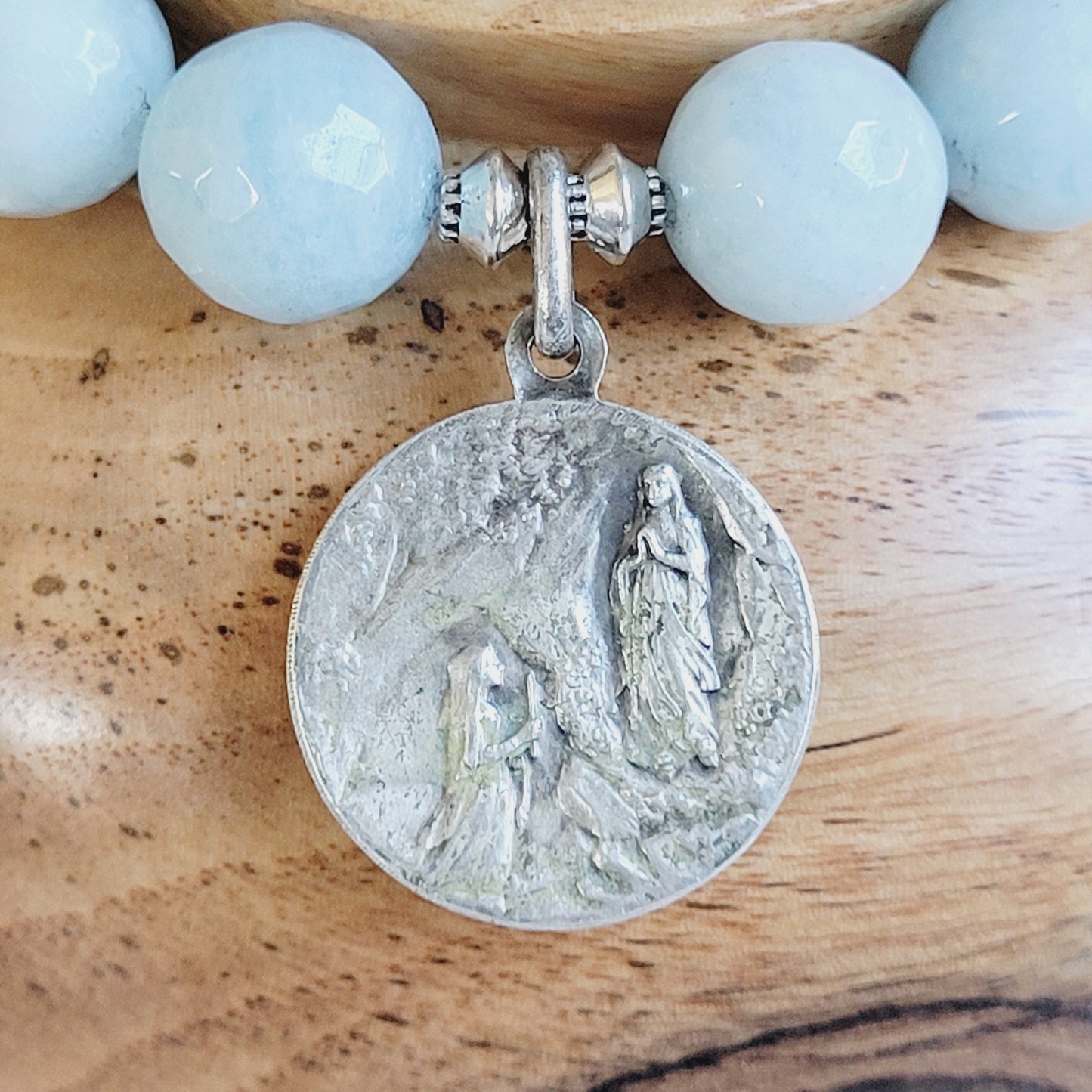 Aquamarine Faceted 12mm Beaded Bracelet w/ Our Lady of Lourdes Large Round Medal from France