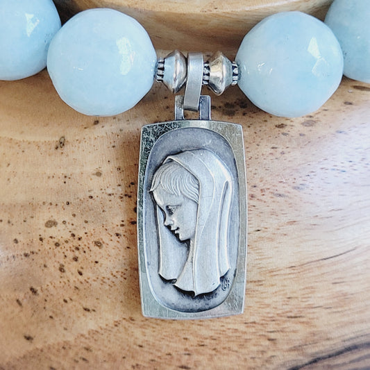 Aquamarine Faceted 12mm Beaded Bracelet w/ Our Lady of Lourdes Signed Large Rectangle Sterling Silver Medal
