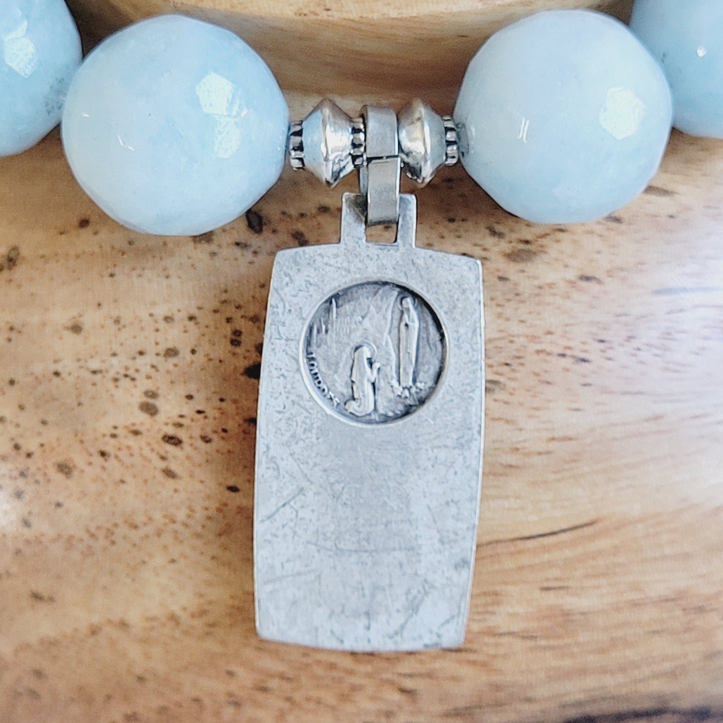 Aquamarine Faceted 12mm Beaded Bracelet w/ Our Lady of Lourdes Signed Large Rectangle Sterling Silver Medal