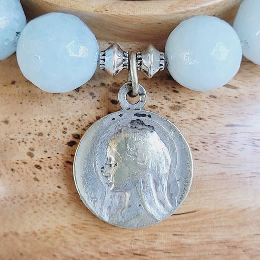 Aquamarine Faceted 12mm Beaded Bracelet w/ Our Lady of Lourdes Signed Sterling Silver Medal
