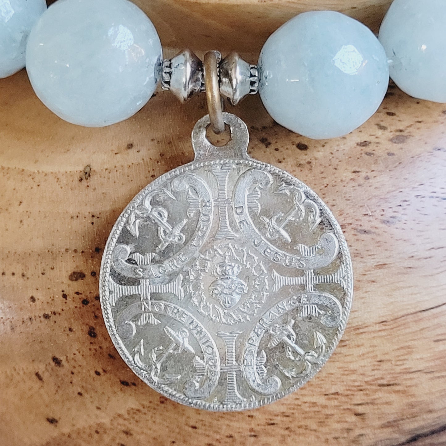 Aquamarine Faceted 12mm Beaded Bracelet w/ Sacred Heart of Jesus Vintage Sterling Silver Medal