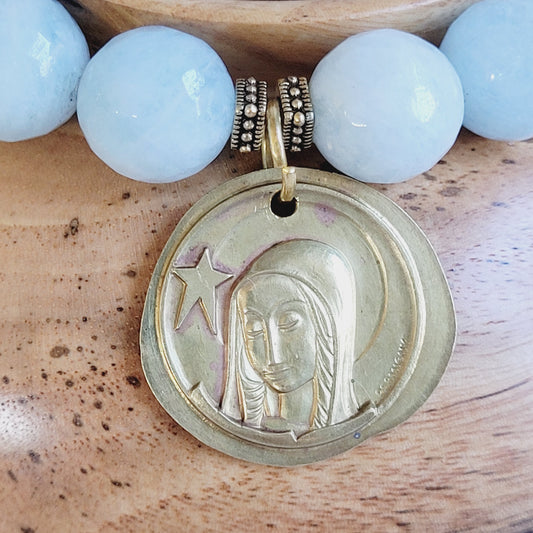 Aquamarine Faceted 12mm Beaded Bracelet w/ The Virgin Mary Gold Plated Stylized Medal