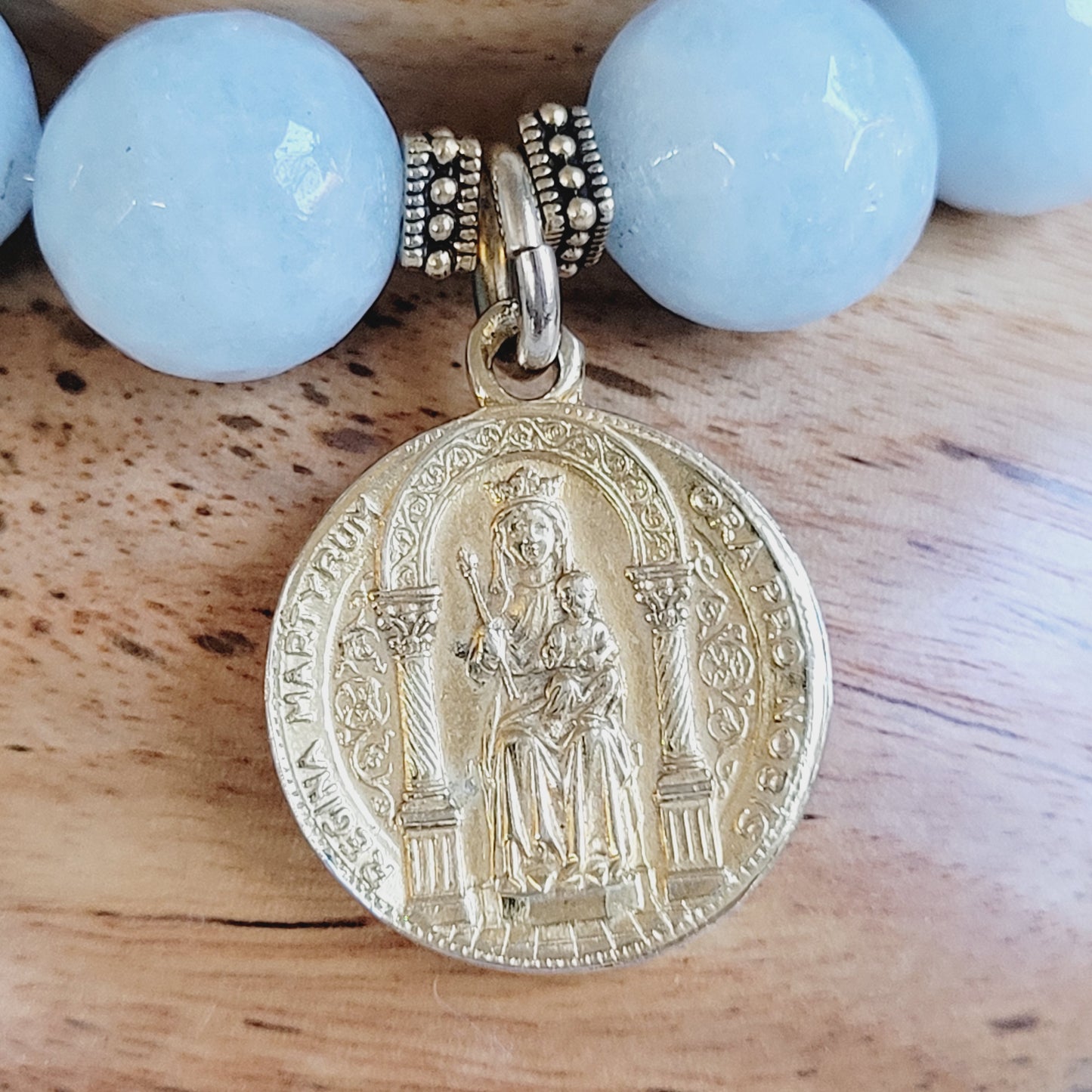 Aquamarine Faceted 12mm Beaded Bracelet w/ St. George and the Dragon Vintage Gold Plated Medal