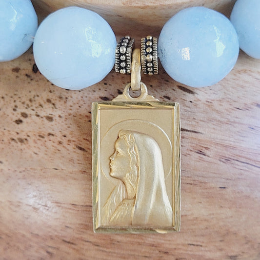 Aquamarine Faceted 12mm Beaded Bracelet w/ The Virgin Mary Vintage Gold Plate Medal