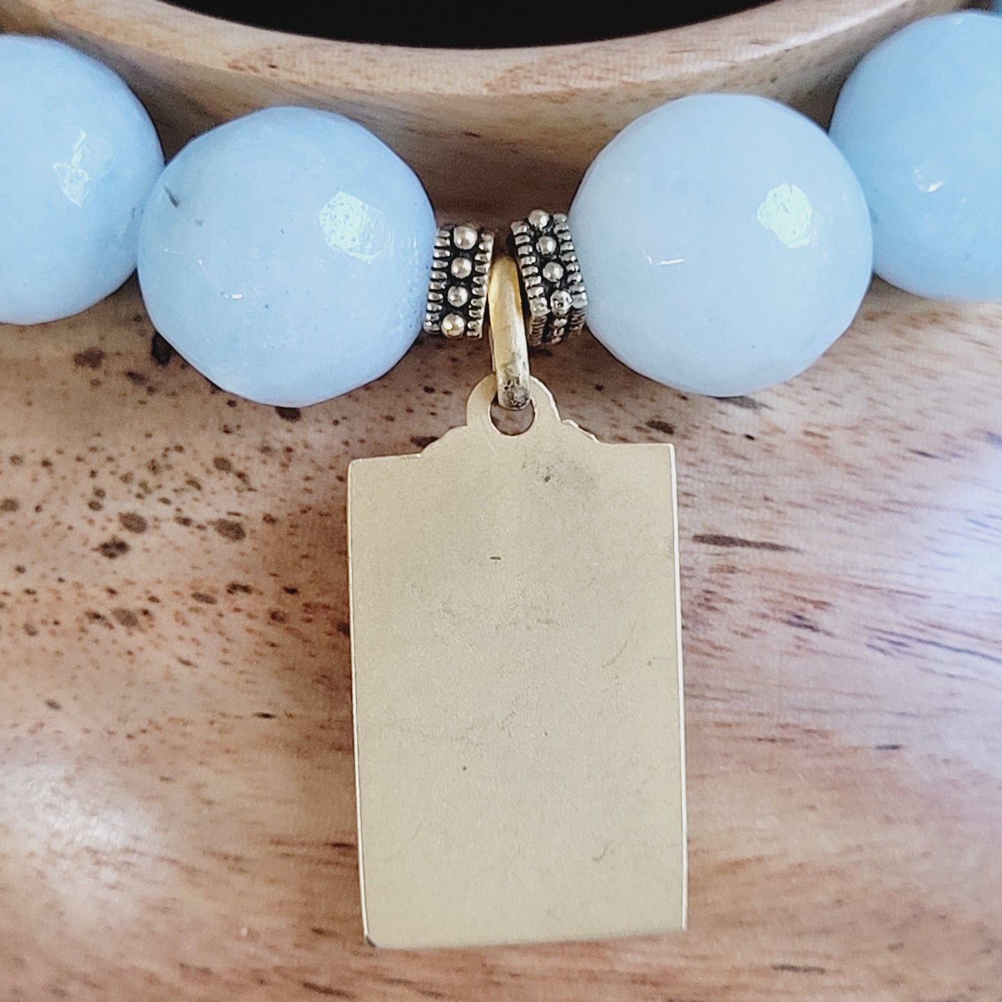 Aquamarine Faceted 12mm Beaded Bracelet w/ The Virgin Mary Vintage Gold Plate Medal