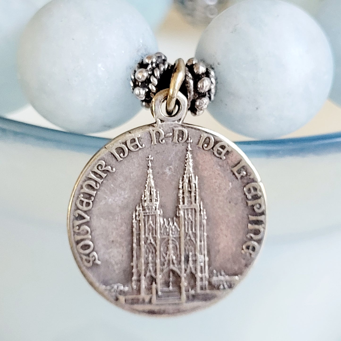 Aquamarine Matte 16mm Beaded Bracelet w/ Notre Dame de l'Epine Vintage Silver Plated Medal from France