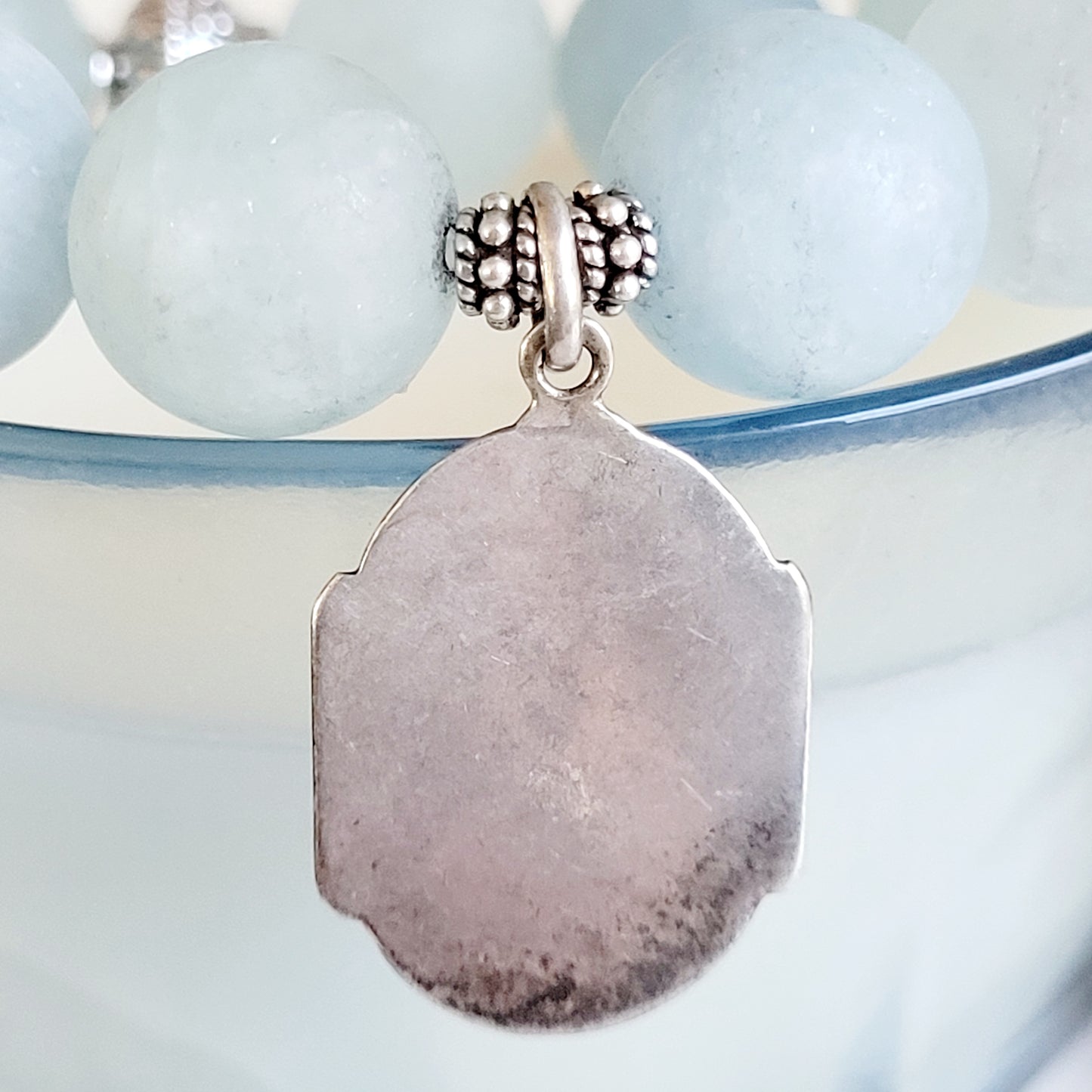 Aquamarine Matte 16mm Beaded Bracelet w/ Medal of Communion in Sterling Silver