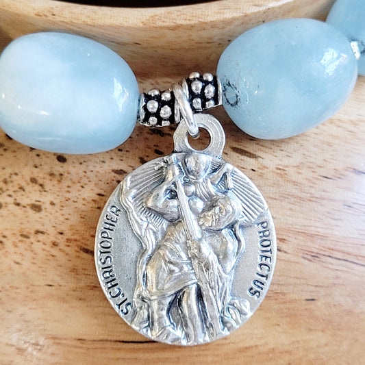 Aquamarine Pebble Smooth 12mm Beaded Bracelet w/ St. Christopher Sterling Silver Signed Medal