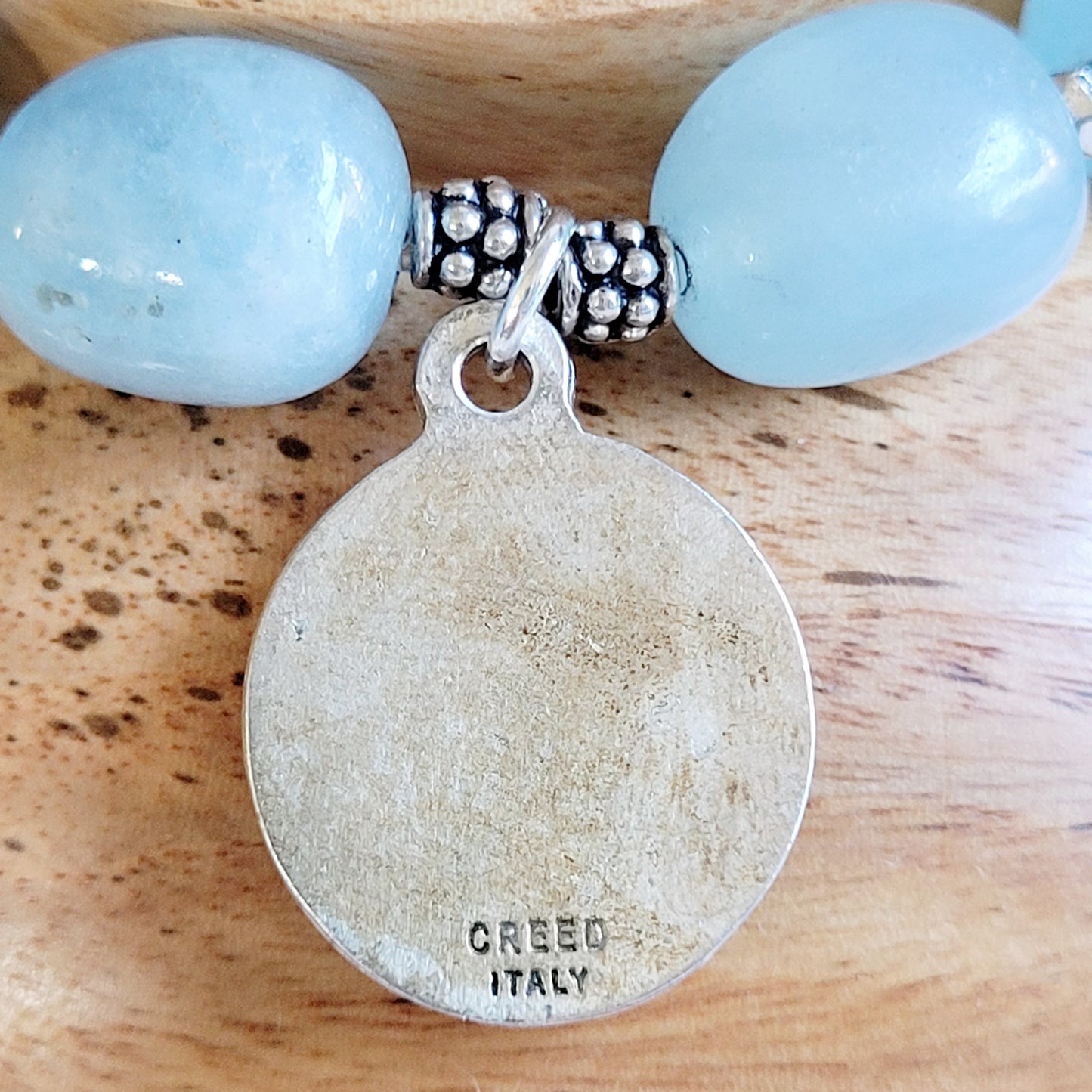 Aquamarine Pebble Smooth 12mm Beaded Bracelet w/ St. Christopher Sterling Silver Signed Medal