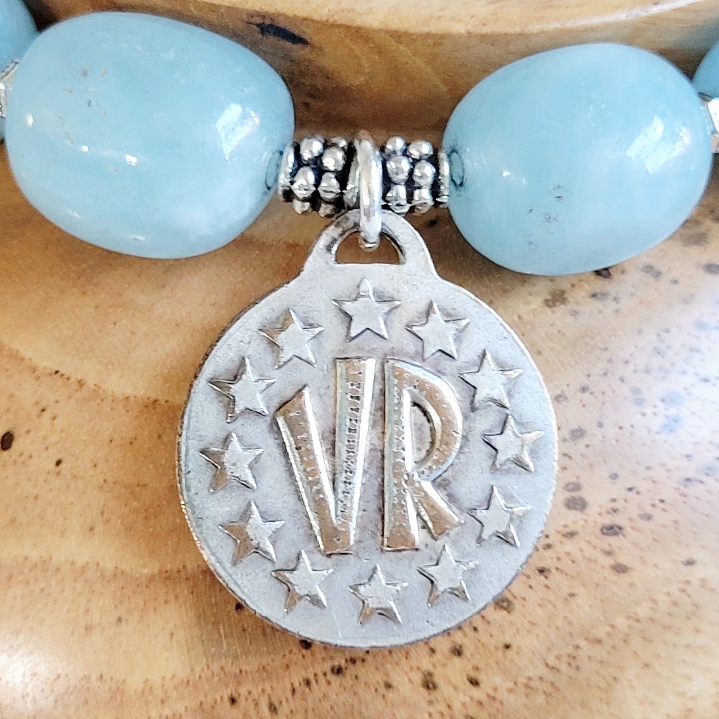 Aquamarine Pebble Smooth 12mm Beaded Bracelet w/ Our Lady of Beauraing Silver Plated Medal