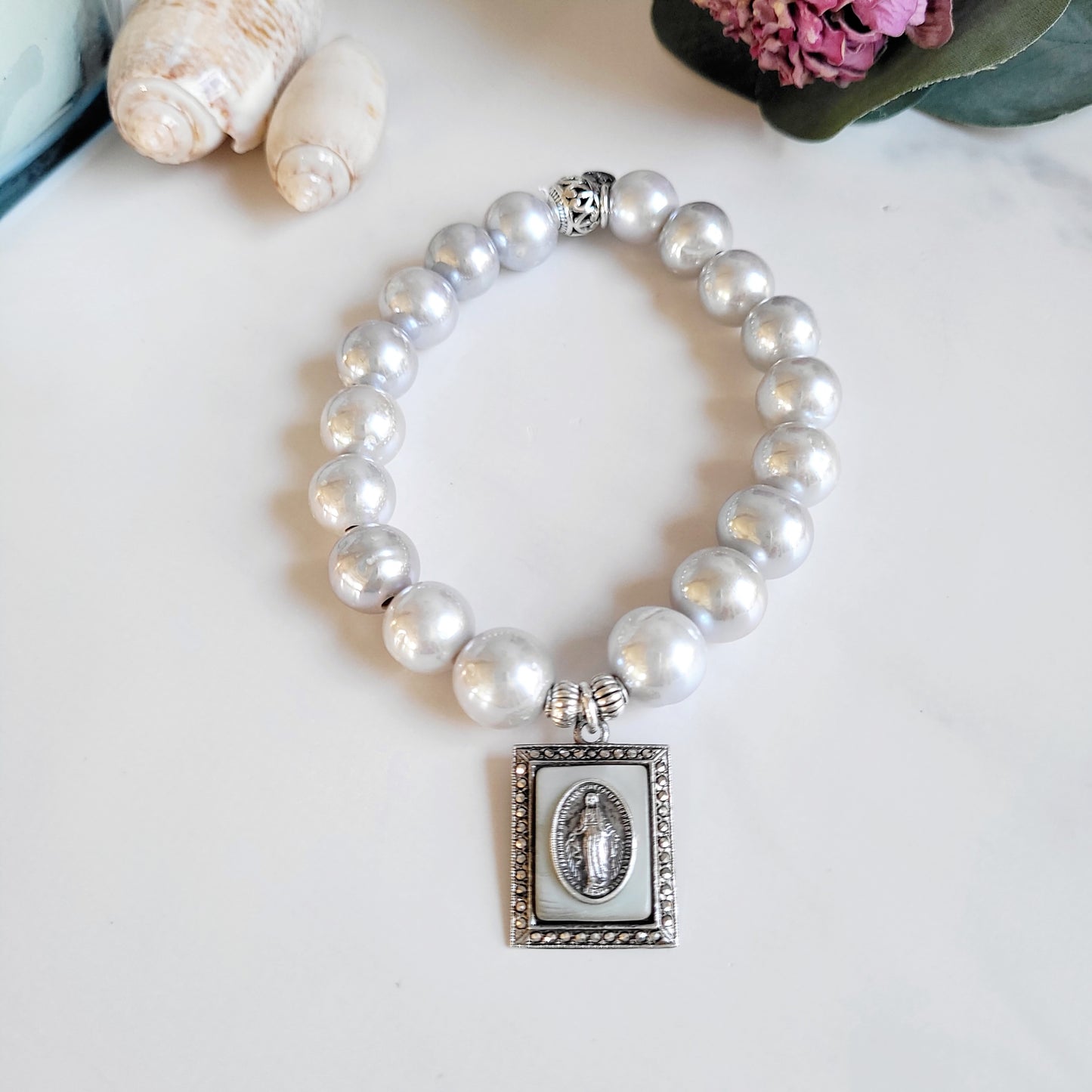 Silver Freshwater Pearl 11mm Beaded Bracelet w/ Miraculous Mary Signed Sterling Silver Layered Medal