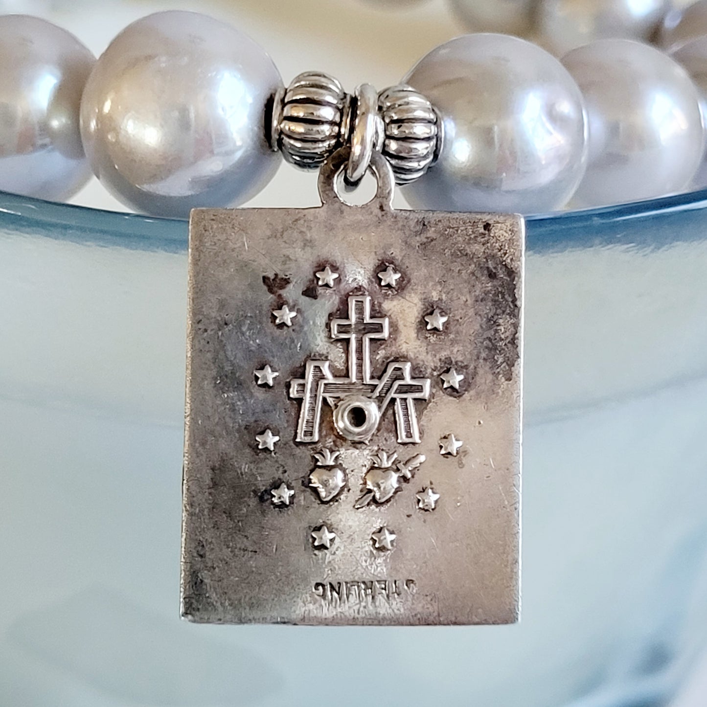 Silver Freshwater Pearl 11mm Beaded Bracelet w/ Miraculous Mary Signed Sterling Silver Layered Medal