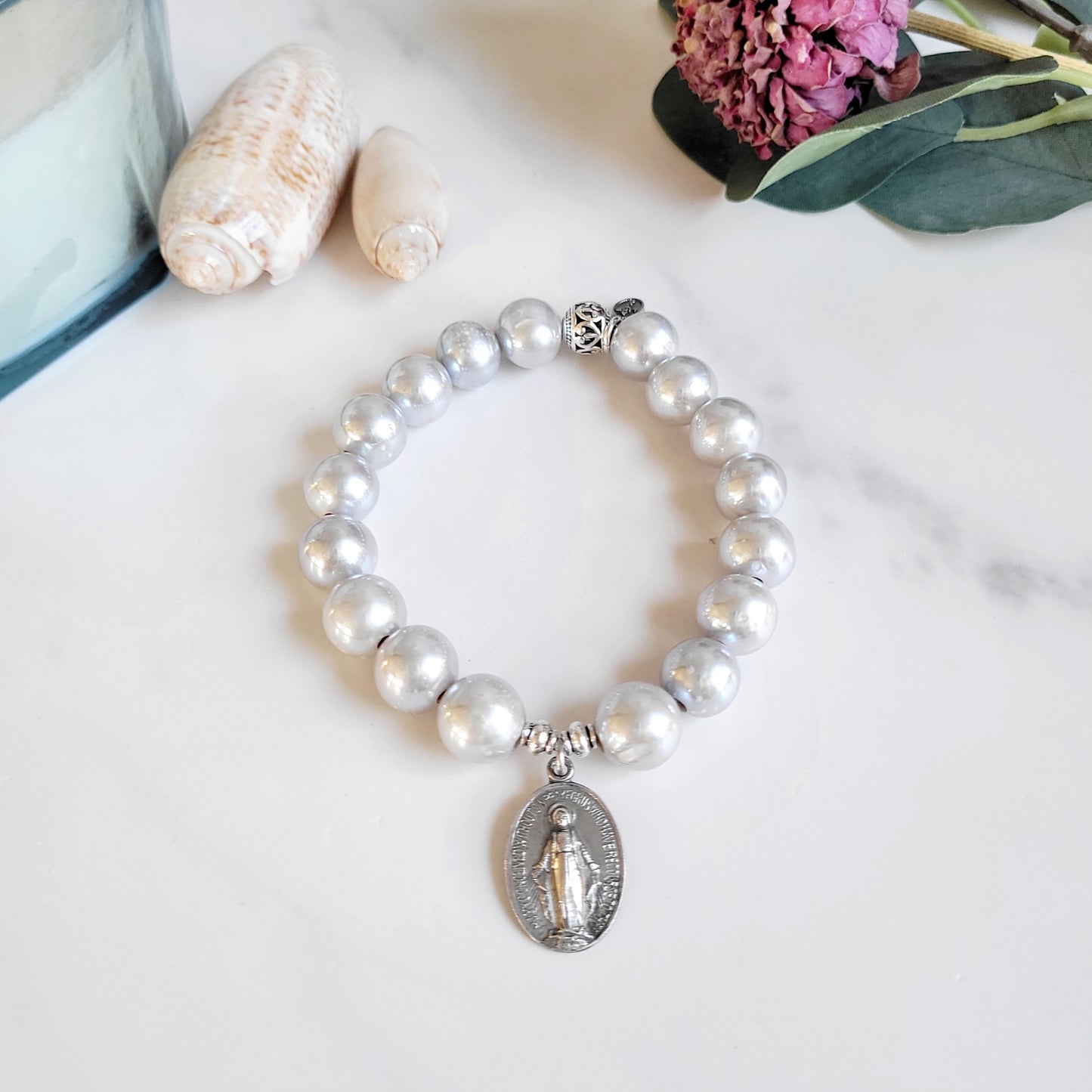 Silver Freshwater Pearl 11mm Beaded Bracelet w/ Miraculous Medal of Mary in Sterling Silver