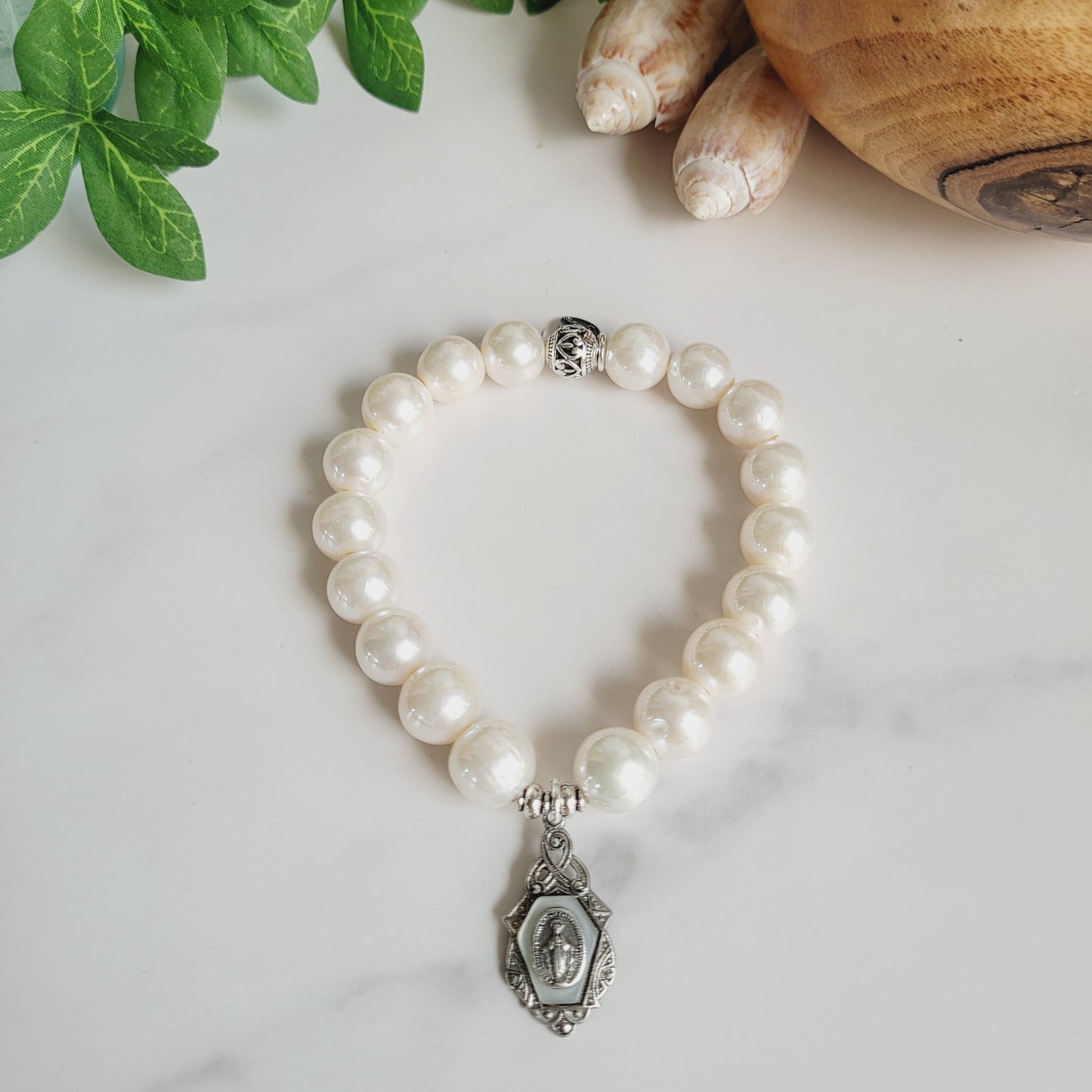 White Freshwater Pearl 10mm Beaded Bracelet w/ Miraculous Medal of Mary Sterling Silver Layered Medal
