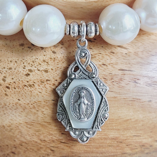 White Freshwater Pearl 10mm Beaded Bracelet w/ Miraculous Medal of Mary Sterling Silver Layered Medal
