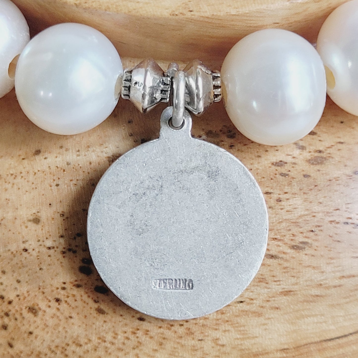 White Freshwater Pearl 10mm Beaded Bracelet w/ Our Lady of Guadalupe Vintage Sterling Silver Medal