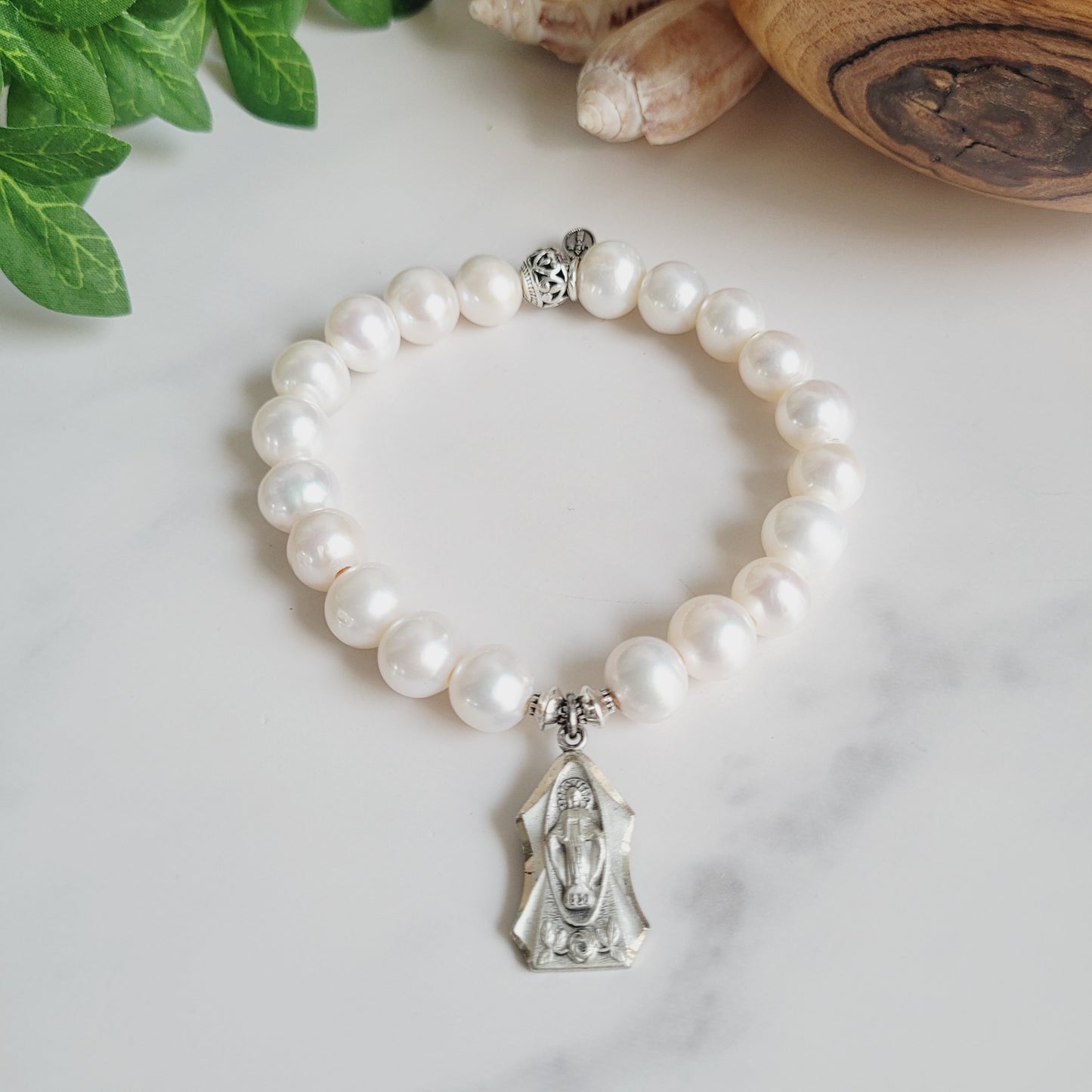 White Freshwater Pearl 10mm Beaded Bracelet w/ Miraculous Medal of Mary Signed Sterling Silver Art Nouveau Medal