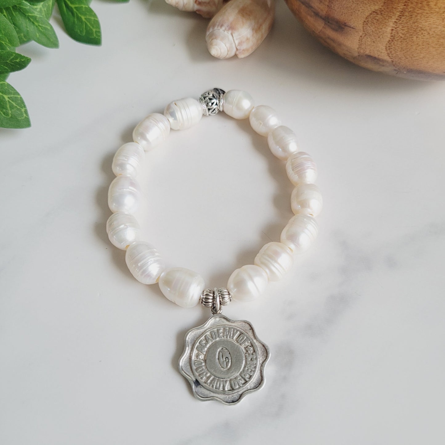 White Freshwater Pearl 10mm Beaded Bracelet w/ Academy of Our Lady of Peace Sterling Silver Medal