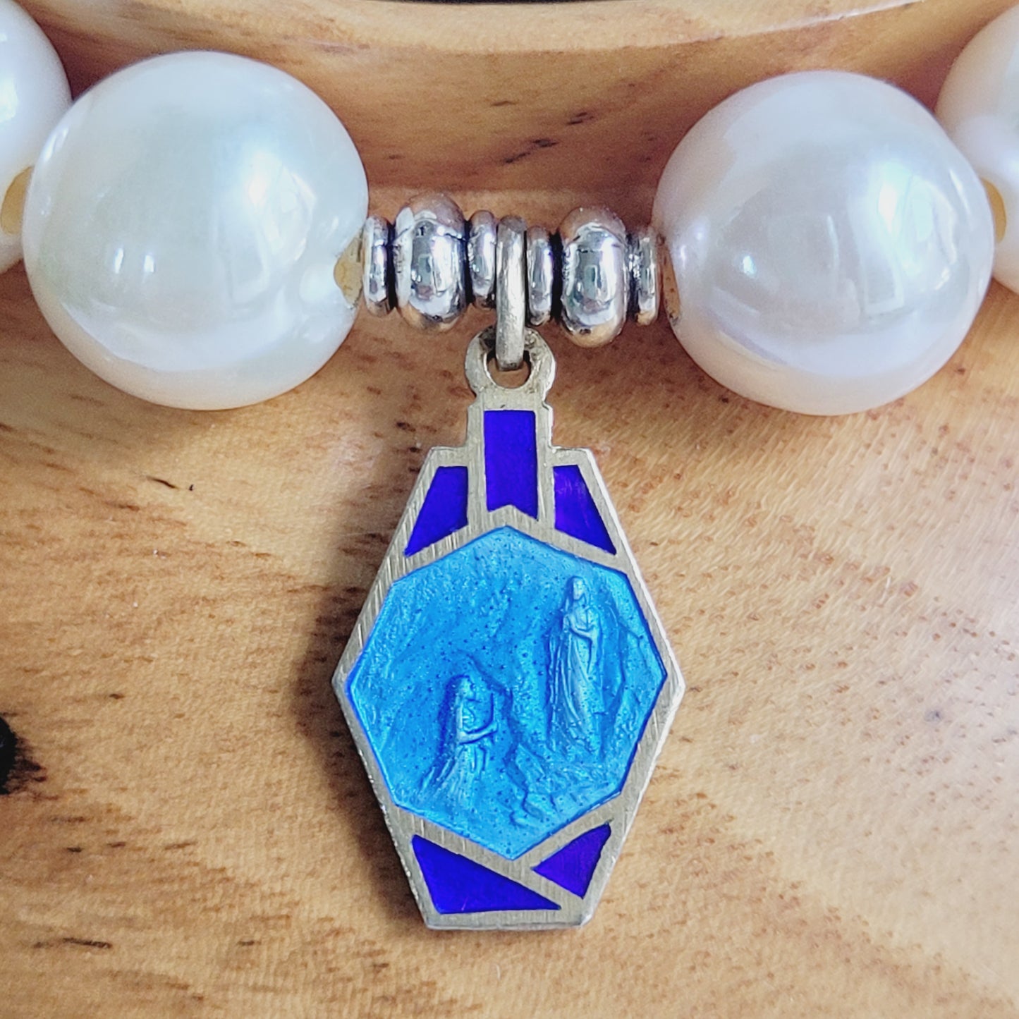 White Freshwater Pearl 10mm Beaded Bracelet w/ Vintage Art Deco Blue Enameled Medal of Our Lady of Lourdes